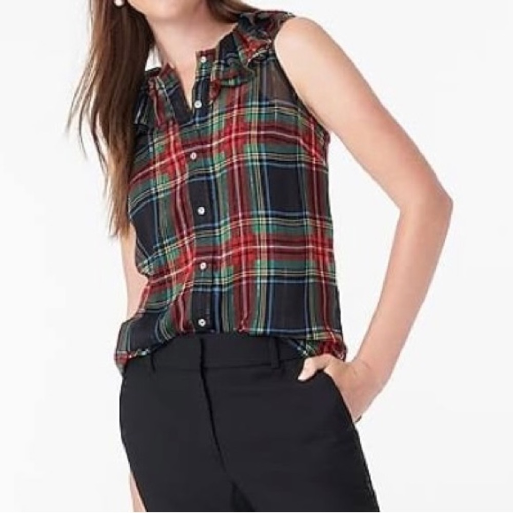 J Crew Sleeveless Ruffle Tartan Plaid Holidays Blouse